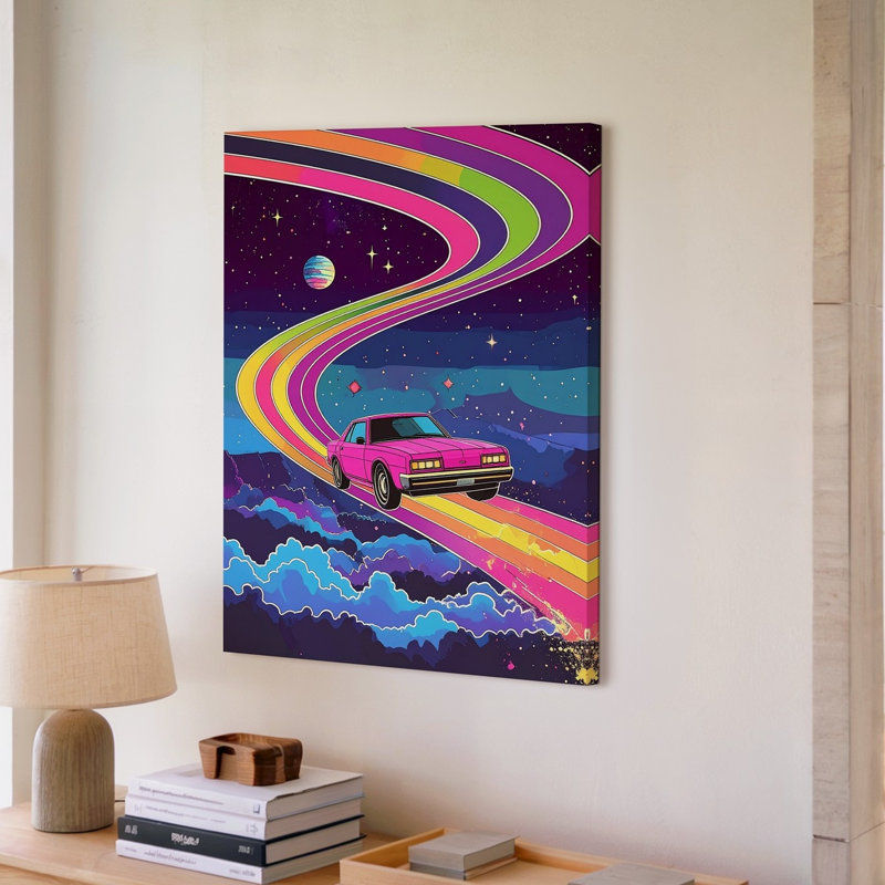 Winston Porter Wall Art Canvas Retro Pink Car On Rainbow Road